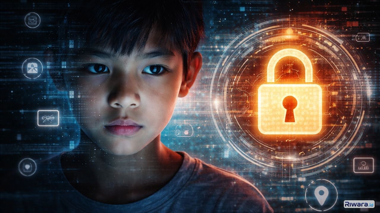 Ilustrasi perlindungan data anak di ruang digital. PP Tunas hadir untuk memperketat keamanan dan privasi anak.